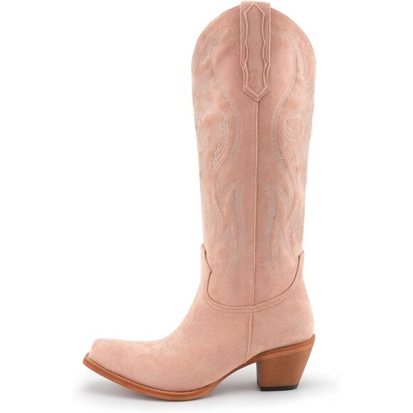 Women's Light Pink Mid Calf Cowgirl Boots Embroidered Suede Pull On Almond Toe - Picture 6 of 7